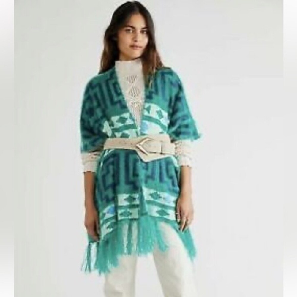 Free People Diamond Back Cozy Textured Knit Kimono Fringe Layer Boho Green